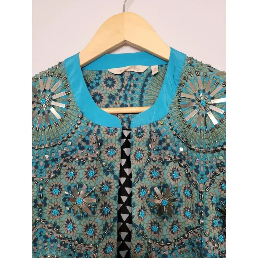 Soft Surroundings Open Geometric 3/4th Sleeve Cardigan‎ With Embellishments, XS